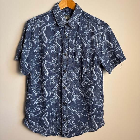 ROOTS‎ Men's M 100% Linen Allover Lakes Print Button Up Shirt Blue Summer Resort - Picture 1 of 13